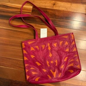 Leaders In Leather Tooled Handbag -Pink and Orange